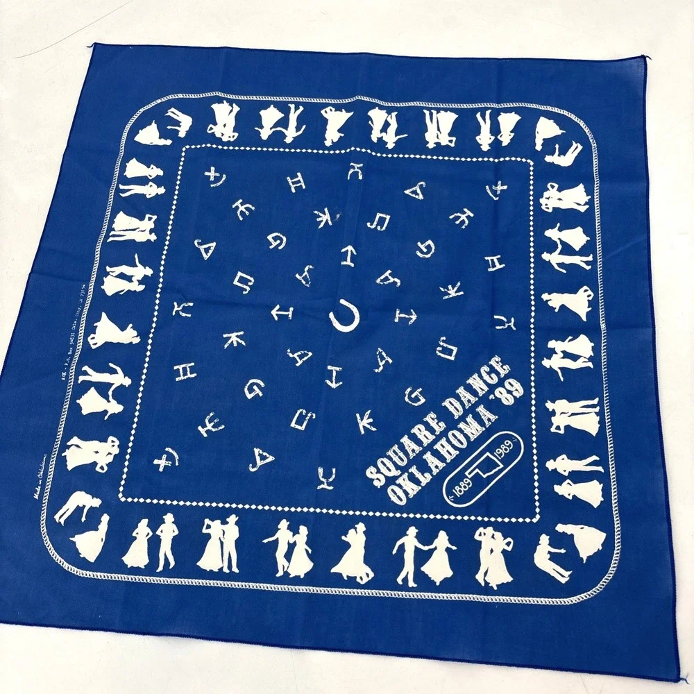 1989 Vintage Oklahoma Square Dance 80s Blue Bandana Handkerchief - 21 x‎ 21